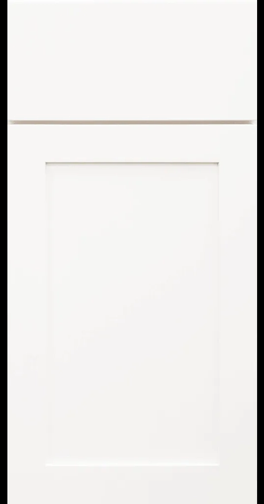 Aspen Dove White wide stiles and rail cabinet door with Flat Slab Drawer Front.