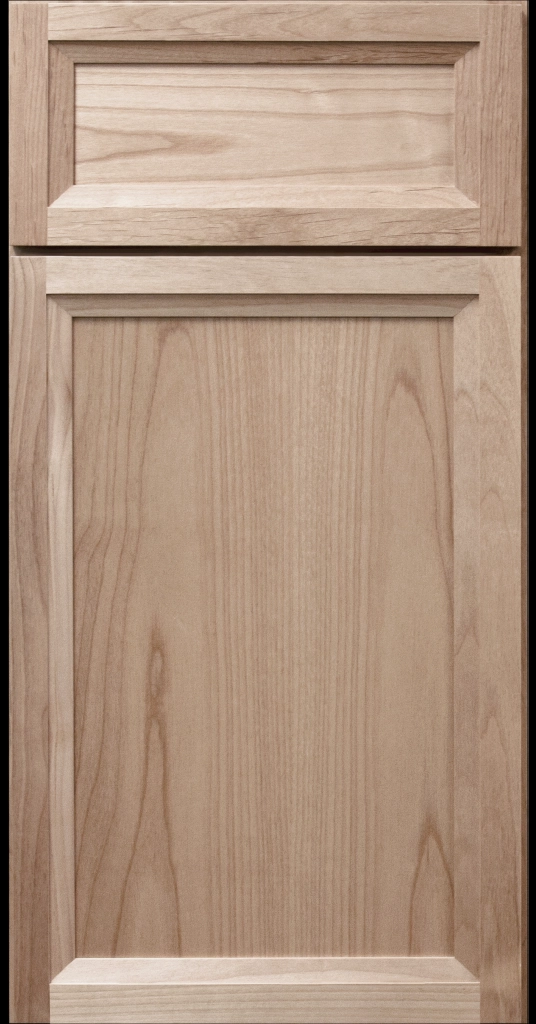 Littleton Ghost Matte Cabinet with a light Stain on Natural Wood with narrow Stiles tapered inside molding.