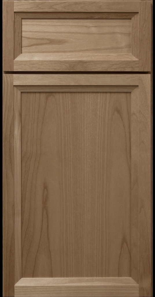Littleton Warm Gray Cabinet with medium glossy stain on natural wood and tapered inside molding.